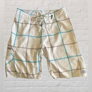Rip Curl Men's Swim Boardshorts Size 33 White Blue Checker Pocket Lace-Up Close
